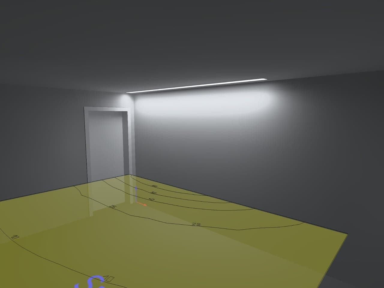 Modelagem e cálculo de iluminância: render técnico com curvas de iluminância no piso, produzido pela Paula Hagel