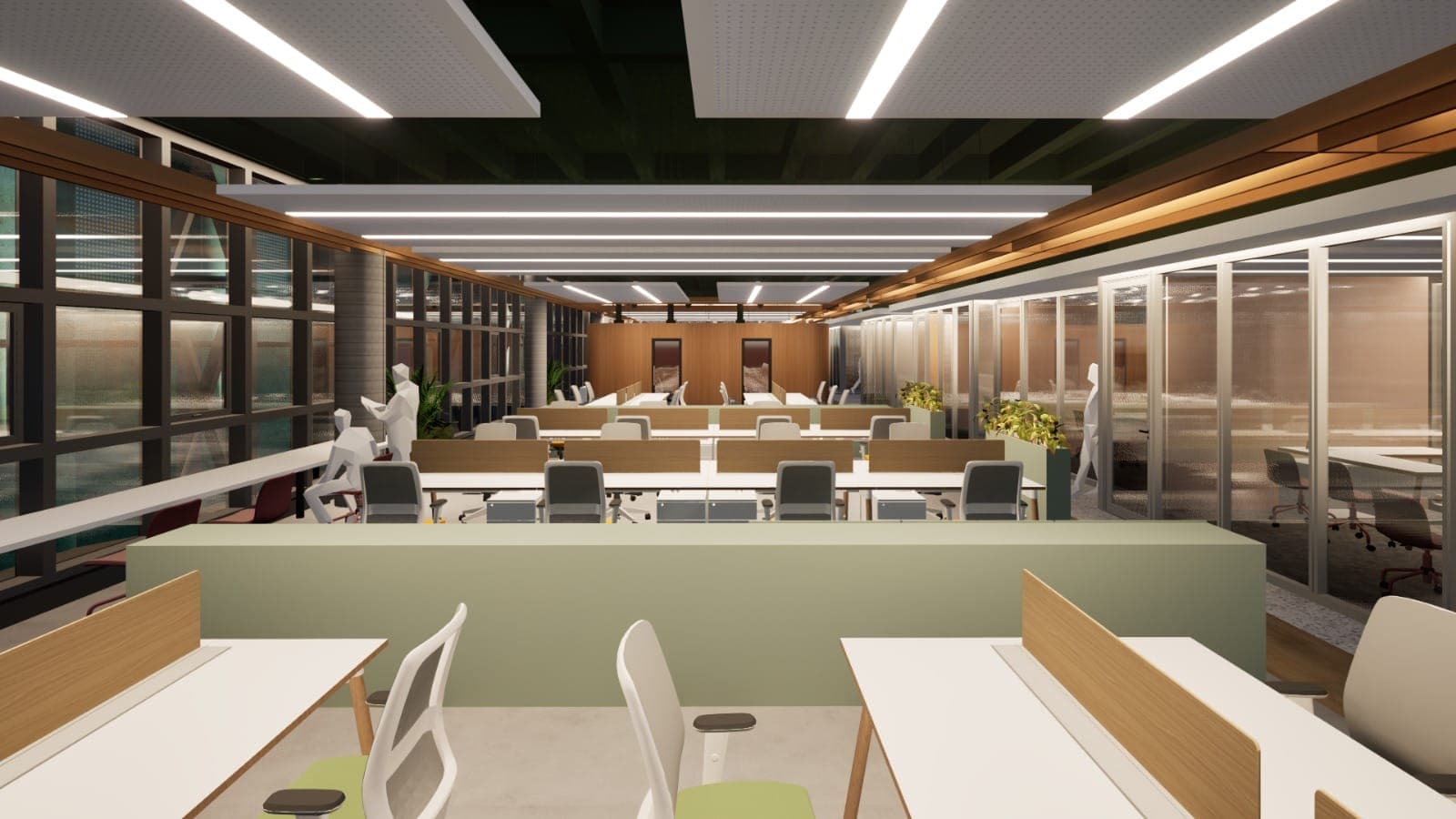 Projeto luminotécnico de escritório corporativo com iluminação de trabalho e ambiental